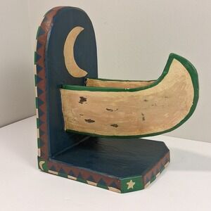 Handcrafted Wooden Moon & Stars Bookend – Folk Art Celestial Décor wall decor